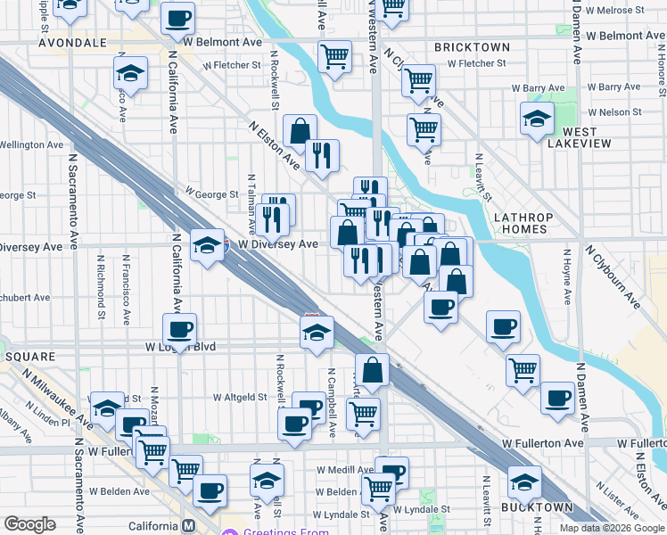 map of restaurants, bars, coffee shops, grocery stores, and more near 2721 North Campbell Avenue in Chicago