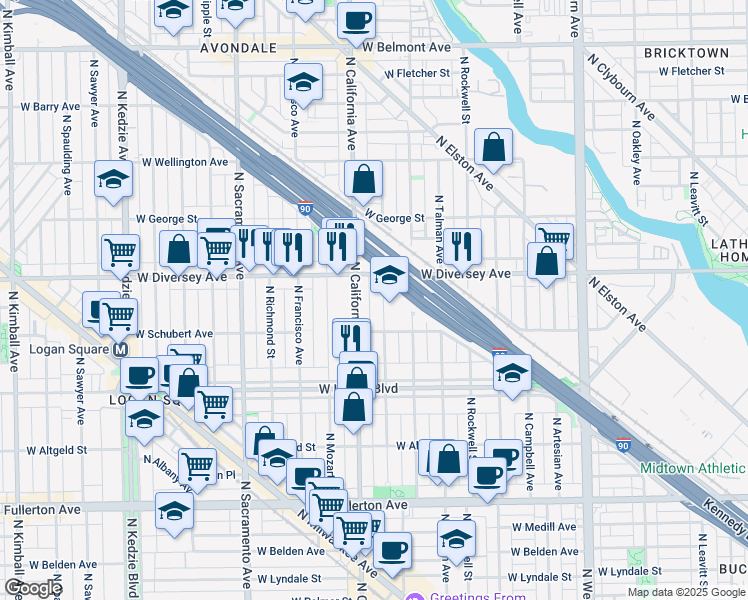 map of restaurants, bars, coffee shops, grocery stores, and more near 2714 North California Avenue in Chicago