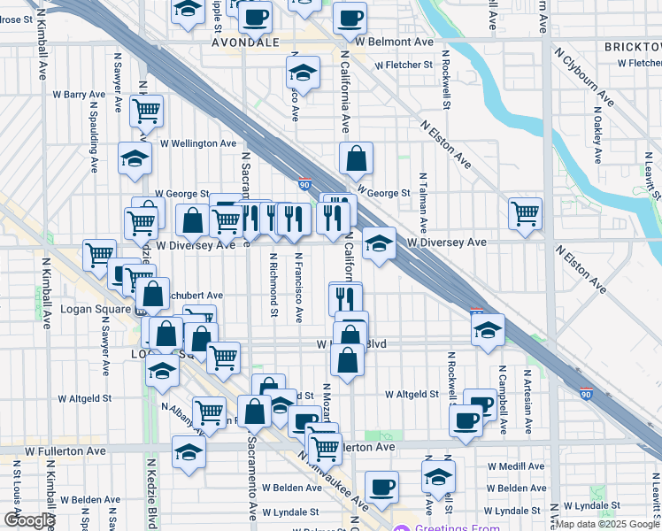 map of restaurants, bars, coffee shops, grocery stores, and more near 2726 North Mozart Street in Chicago