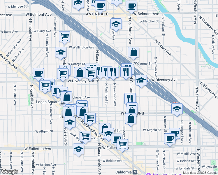 map of restaurants, bars, coffee shops, grocery stores, and more near 2722 North Francisco Avenue in Chicago