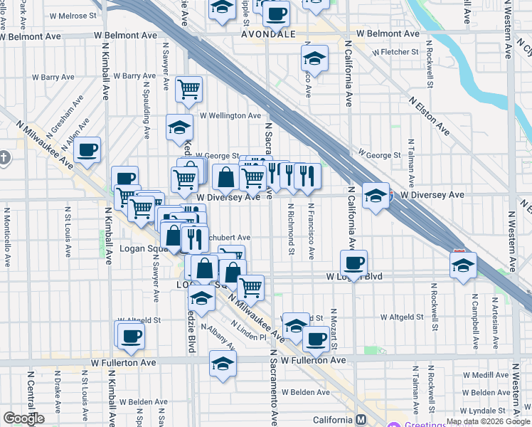 map of restaurants, bars, coffee shops, grocery stores, and more near 2725 North Whipple Street in Chicago