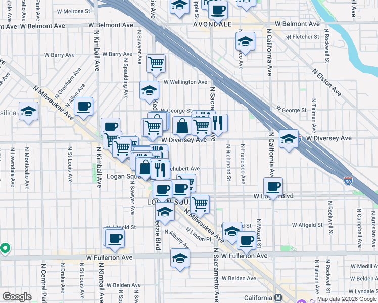 map of restaurants, bars, coffee shops, grocery stores, and more near 2724 North Albany Avenue in Chicago