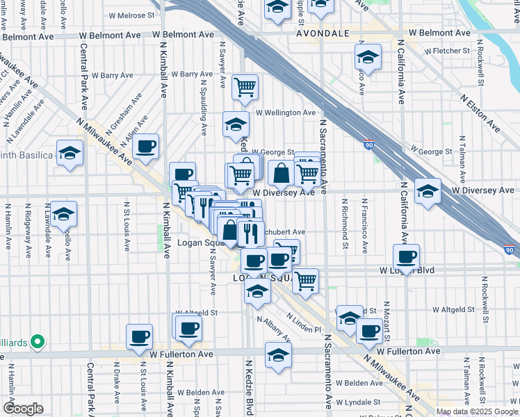 map of restaurants, bars, coffee shops, grocery stores, and more near 2724 North Troy Street in Chicago