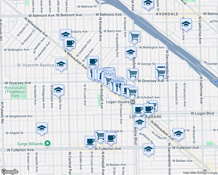 map of restaurants, bars, coffee shops, grocery stores, and more near 2746 North Milwaukee Avenue in Chicago