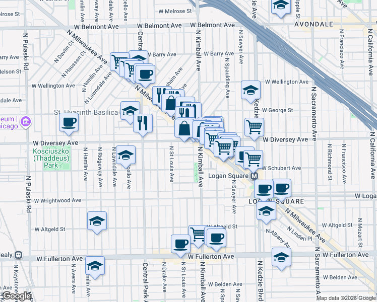 map of restaurants, bars, coffee shops, grocery stores, and more near 3439 West Parker Avenue in Chicago