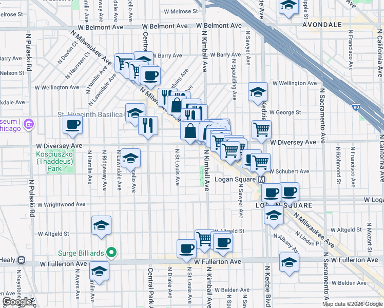 map of restaurants, bars, coffee shops, grocery stores, and more near 3445 West Parker Avenue in Chicago