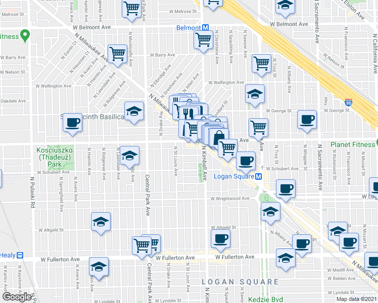 map of restaurants, bars, coffee shops, grocery stores, and more near 3445 West Parker Avenue in Chicago