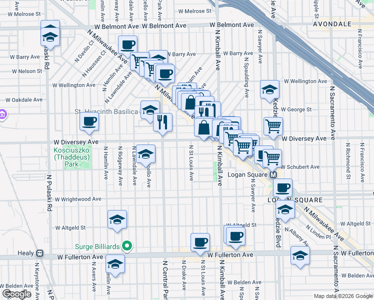 map of restaurants, bars, coffee shops, grocery stores, and more near 2727 North Drake Avenue in Chicago