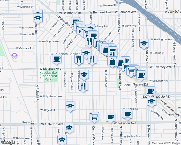 map of restaurants, bars, coffee shops, grocery stores, and more near 2729 North Central Park Avenue in Chicago