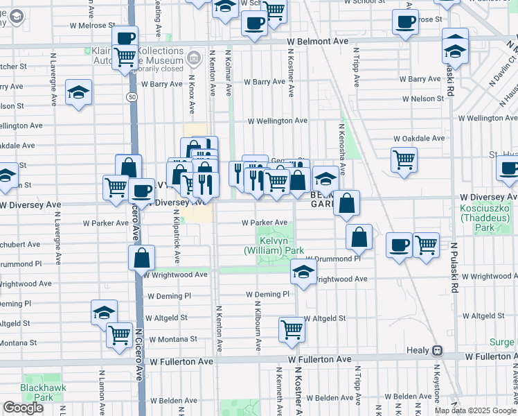 map of restaurants, bars, coffee shops, grocery stores, and more near 4504 West Parker Avenue in Chicago