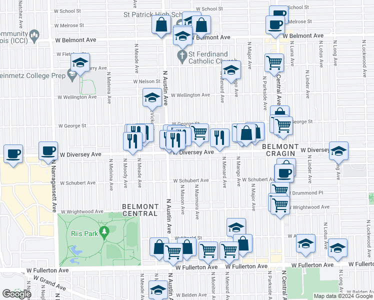 map of restaurants, bars, coffee shops, grocery stores, and more near 2733 North Marmora Avenue in Chicago