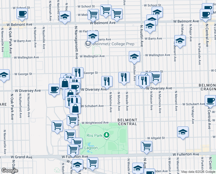 map of restaurants, bars, coffee shops, grocery stores, and more near 6215 West Diversey Avenue in Chicago