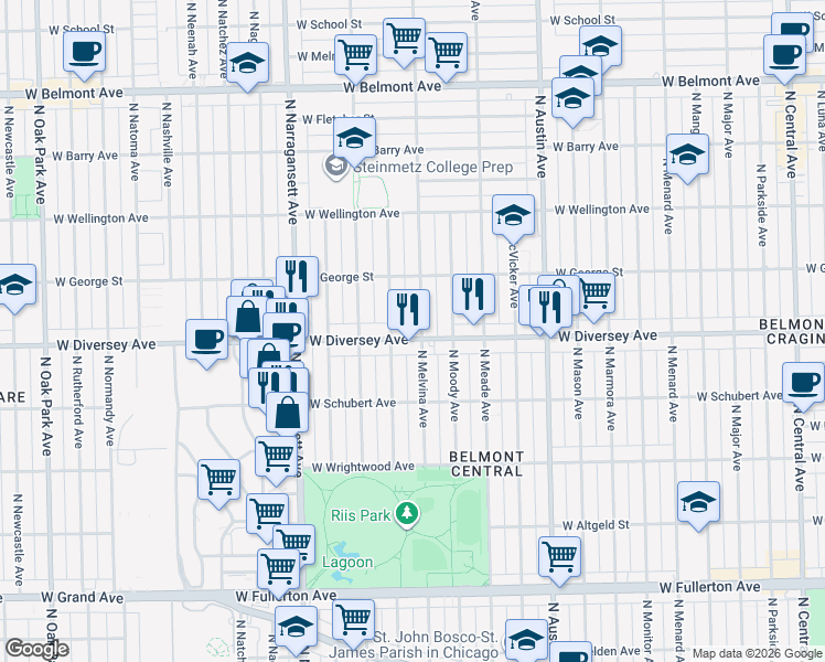 map of restaurants, bars, coffee shops, grocery stores, and more near 6215 West Diversey Avenue in Chicago