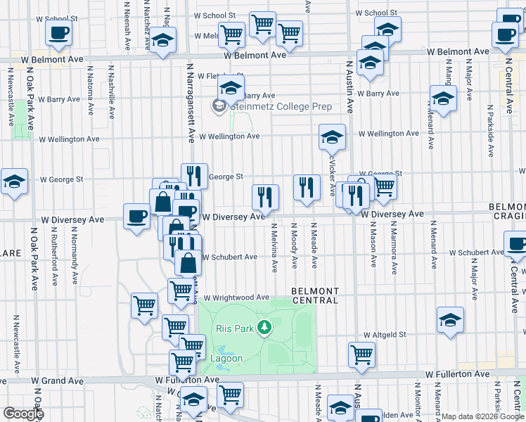 map of restaurants, bars, coffee shops, grocery stores, and more near 6215 West Diversey Avenue in Chicago
