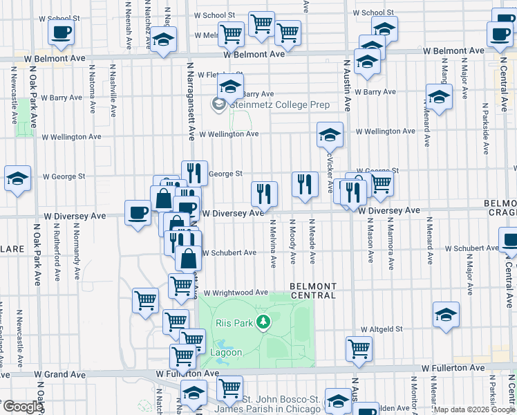 map of restaurants, bars, coffee shops, grocery stores, and more near 6215 West Diversey Avenue in Chicago