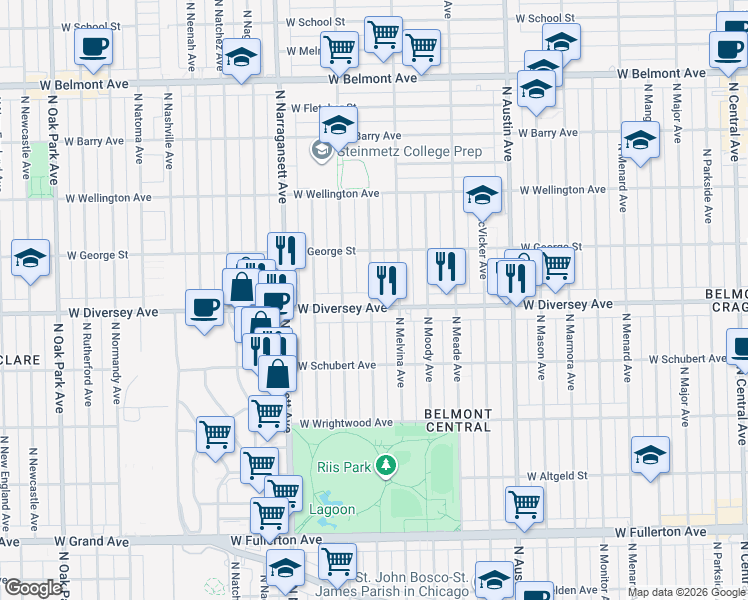 map of restaurants, bars, coffee shops, grocery stores, and more near 6215 West Diversey Avenue in Chicago