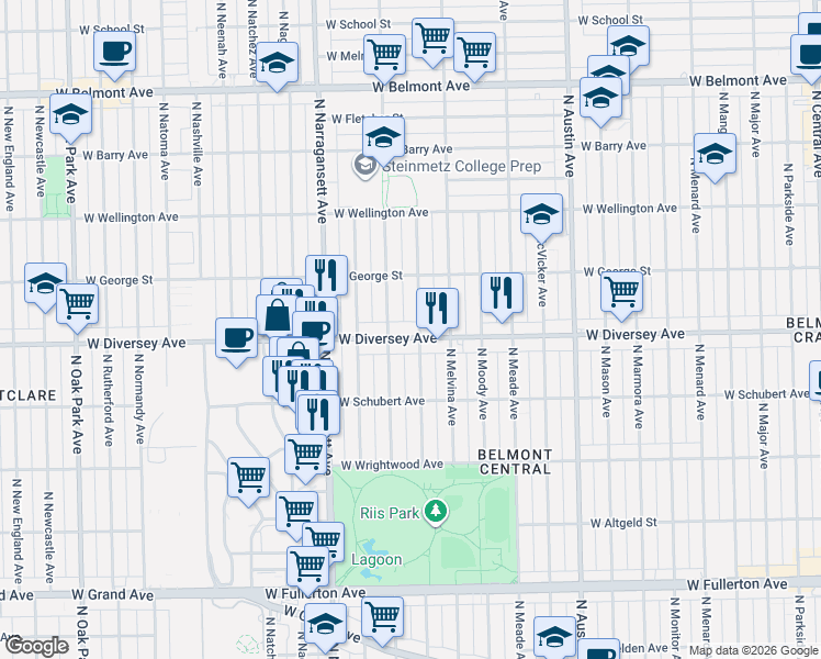 map of restaurants, bars, coffee shops, grocery stores, and more near in Chicago