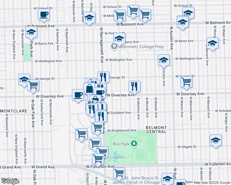 map of restaurants, bars, coffee shops, grocery stores, and more near 6325 West Diversey Avenue in Chicago
