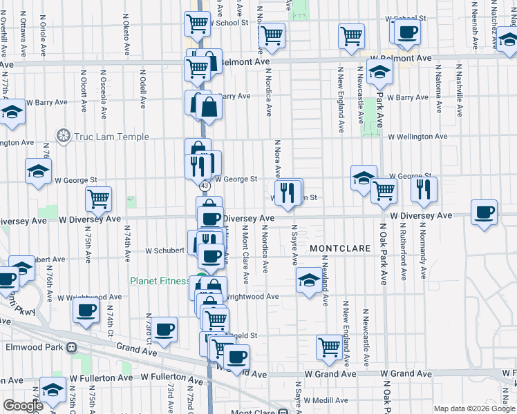 map of restaurants, bars, coffee shops, grocery stores, and more near 7036 West Diversey Avenue in Chicago