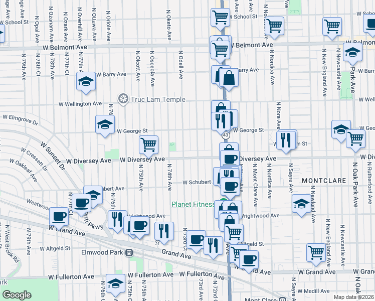 map of restaurants, bars, coffee shops, grocery stores, and more near 2801 North 73rd Court in Elmwood Park