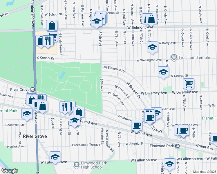 map of restaurants, bars, coffee shops, grocery stores, and more near 7934 West Oakleaf Avenue in Elmwood Park