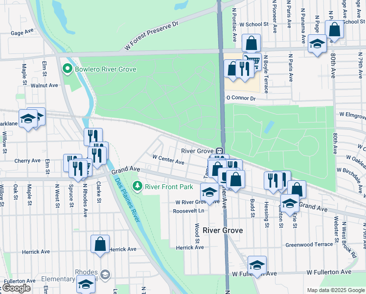 map of restaurants, bars, coffee shops, grocery stores, and more near 2819 North Struckman Avenue in River Grove
