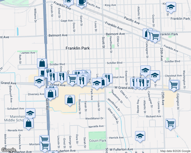 map of restaurants, bars, coffee shops, grocery stores, and more near 2849 Louis Street in Franklin Park