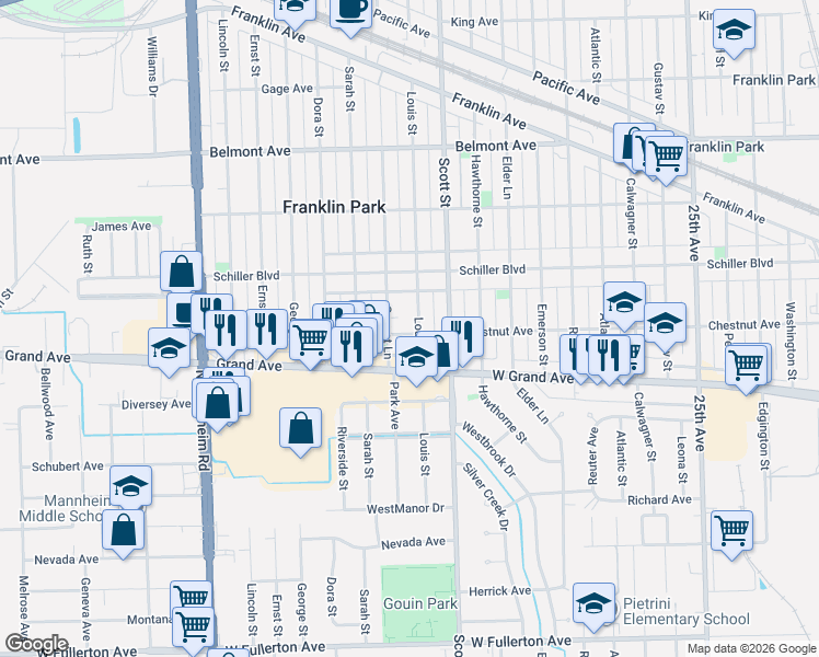 map of restaurants, bars, coffee shops, grocery stores, and more near 2849 Louis Street in Franklin Park
