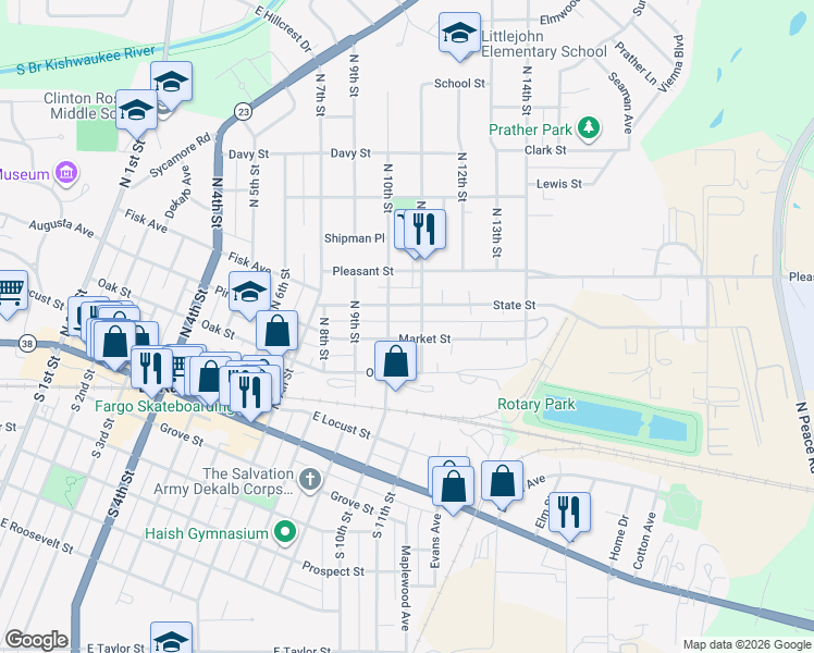map of restaurants, bars, coffee shops, grocery stores, and more near 1027 Market Street in DeKalb