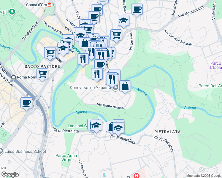 map of restaurants, bars, coffee shops, grocery stores, and more near 126 Via Cimone in Rome