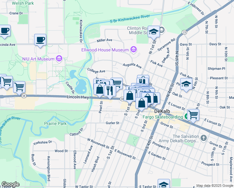 map of restaurants, bars, coffee shops, grocery stores, and more near 159 West Lincoln Highway in DeKalb
