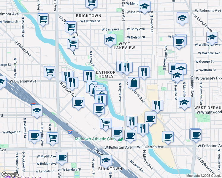 map of restaurants, bars, coffee shops, grocery stores, and more near 2731 North Leavitt Street in Chicago