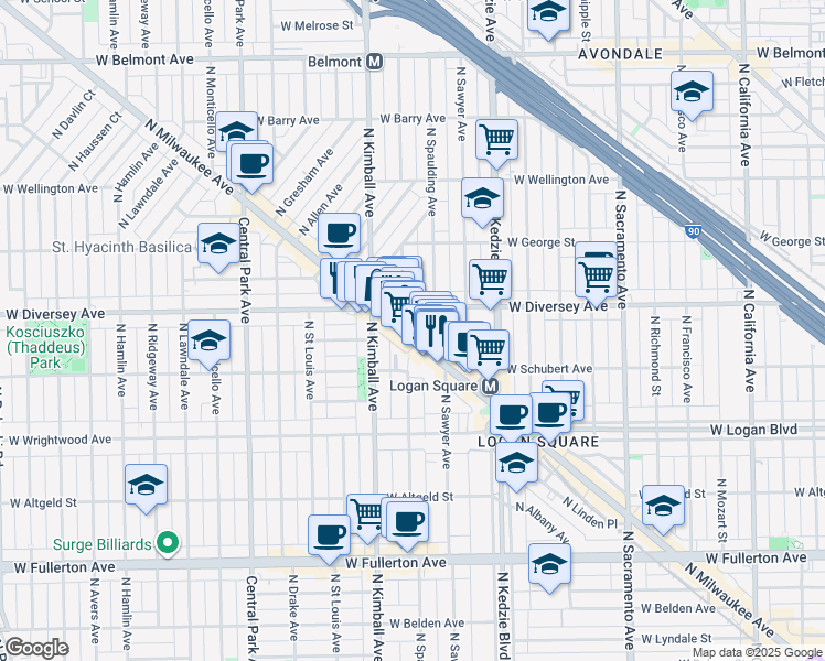 map of restaurants, bars, coffee shops, grocery stores, and more near 2746 North Milwaukee Avenue in Chicago