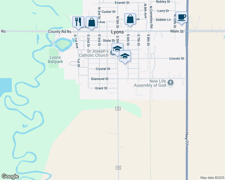 map of restaurants, bars, coffee shops, grocery stores, and more near 425 Grant Street in Lyons