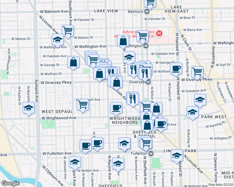 map of restaurants, bars, coffee shops, grocery stores, and more near 2710 North Lincoln Avenue in Chicago