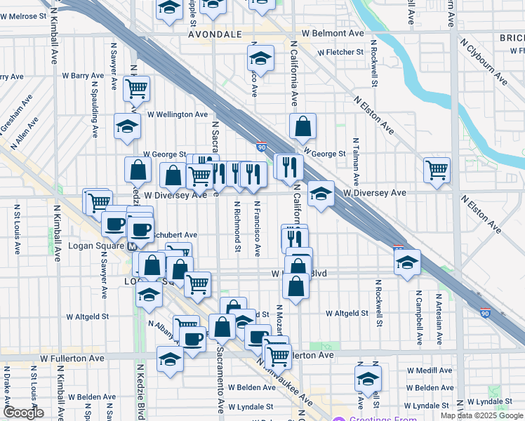 map of restaurants, bars, coffee shops, grocery stores, and more near 2735 North Francisco Avenue in Chicago