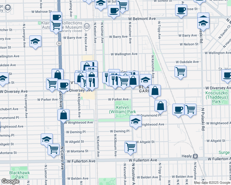 map of restaurants, bars, coffee shops, grocery stores, and more near 4504 West Parker Avenue in Chicago