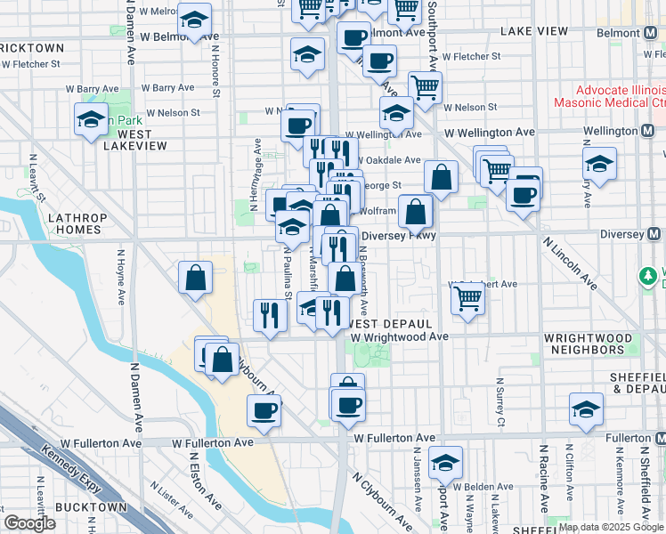 map of restaurants, bars, coffee shops, grocery stores, and more near 2730 North Ashland Avenue in Chicago