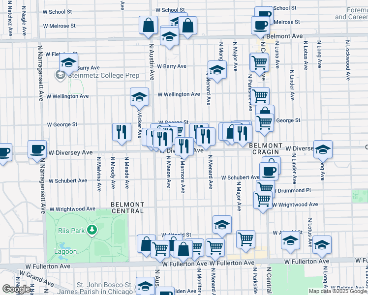 map of restaurants, bars, coffee shops, grocery stores, and more near 5858 West Diversey Avenue in Chicago