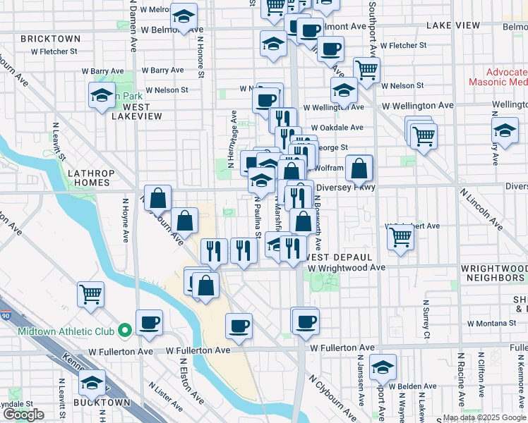 map of restaurants, bars, coffee shops, grocery stores, and more near 1651 West Diversey Parkway in Chicago