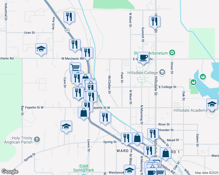 map of restaurants, bars, coffee shops, grocery stores, and more near 55 McClellan Street in Hillsdale