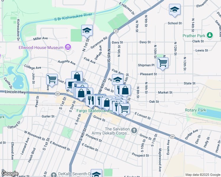 map of restaurants, bars, coffee shops, grocery stores, and more near 429 Oak Street in DeKalb