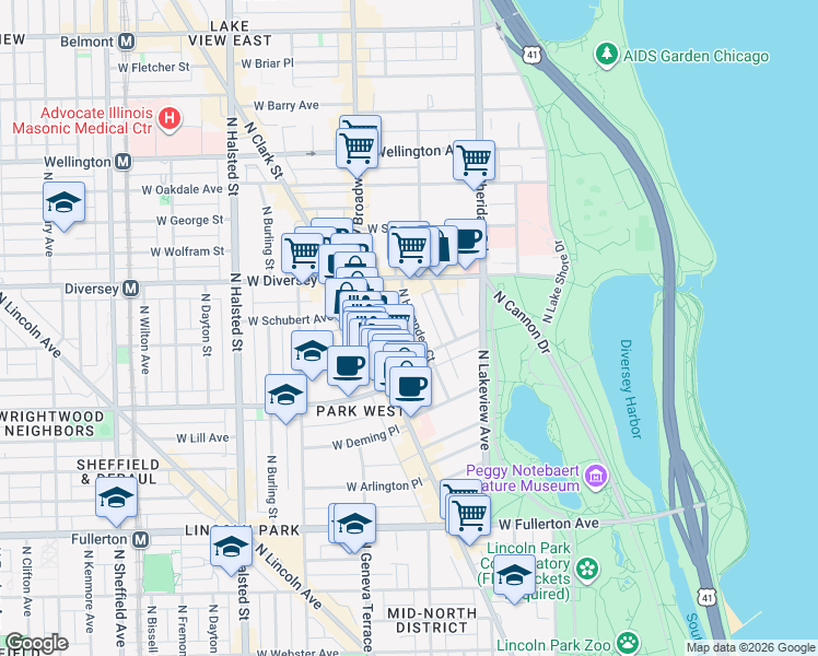 map of restaurants, bars, coffee shops, grocery stores, and more near 2714 North Hampden Court in Chicago