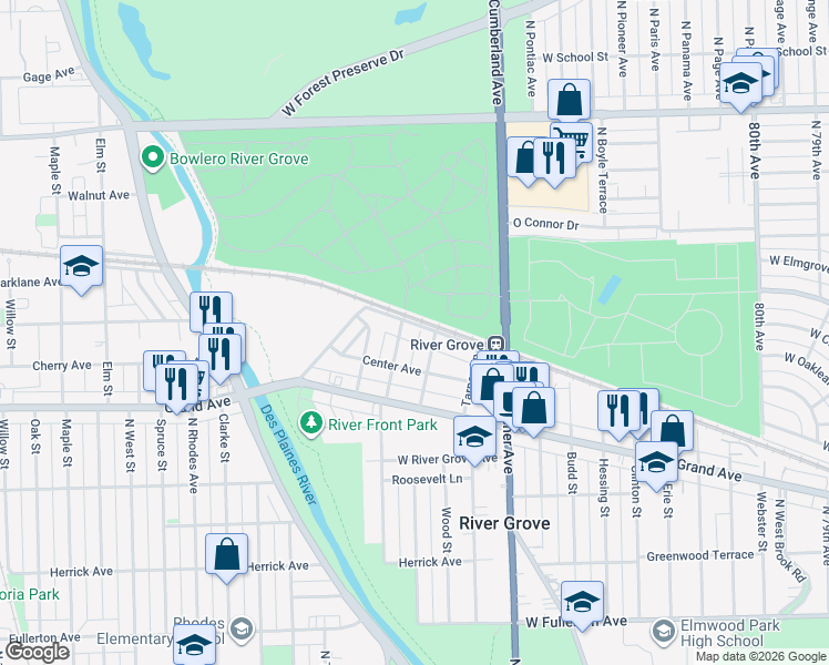 map of restaurants, bars, coffee shops, grocery stores, and more near 2819 North Struckman Avenue in River Grove