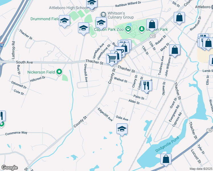 map of restaurants, bars, coffee shops, grocery stores, and more near 722 County Street in Attleboro