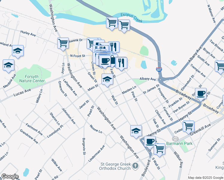 map of restaurants, bars, coffee shops, grocery stores, and more near 231 Wall Street in Kingston