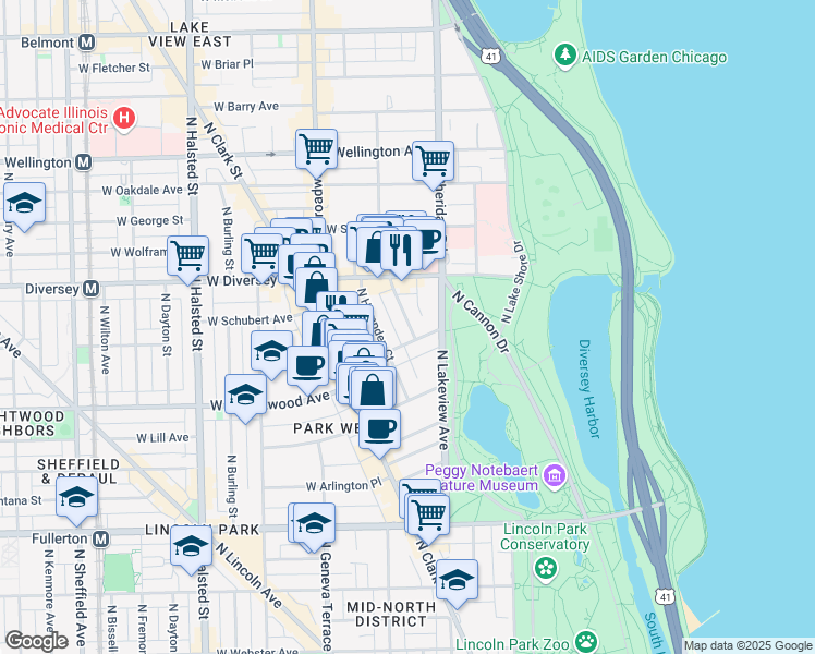 map of restaurants, bars, coffee shops, grocery stores, and more near 2700 North Pine Grove Avenue in Chicago