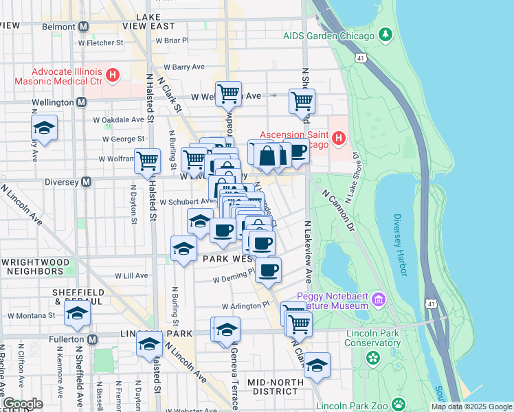 map of restaurants, bars, coffee shops, grocery stores, and more near 2714 North Hampden Court in Chicago