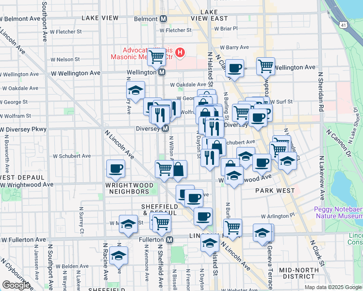 map of restaurants, bars, coffee shops, grocery stores, and more near 2701 North Mildred Avenue in Chicago