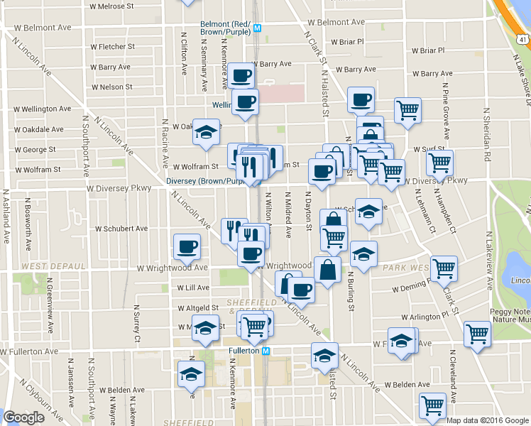 map of restaurants, bars, coffee shops, grocery stores, and more near 2703 North Wilton Avenue in Chicago